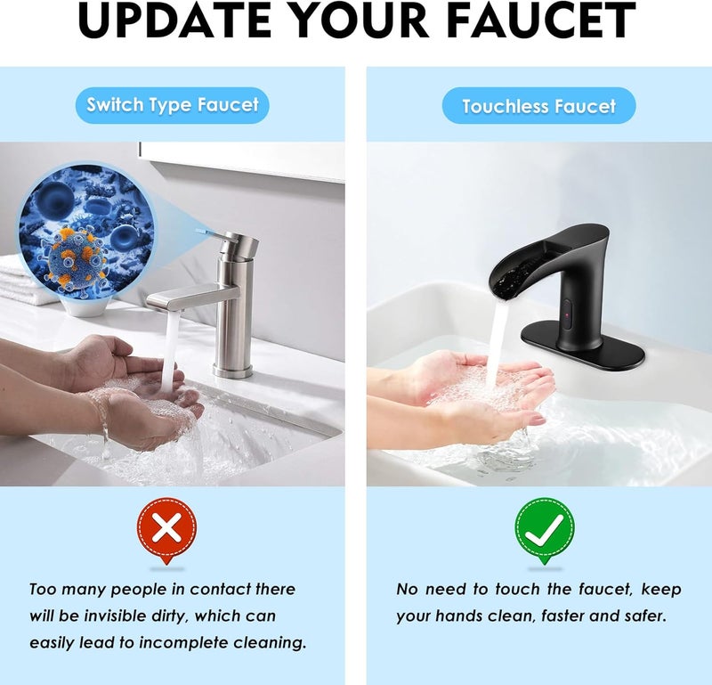 CDLODIN Automatic Sensor Touchless Waterfall Bathroom Sink Faucet, Modern Electronic Sensor Lavatory Faucet, Matte Black Hands Free Vanity Faucets with Control Box and Temperature Mixer - Image 4